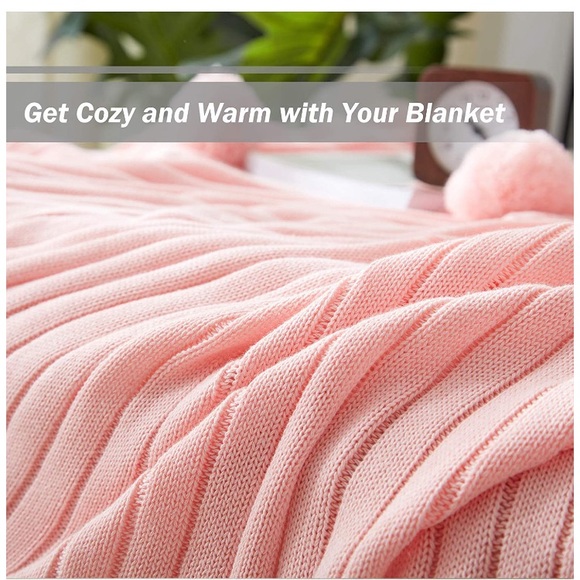 Trendy Baby Pink Pompom Fringe Chic Cozy Living/Bedroom Soft Throw Blanket/Cover - Picture 3 of 11